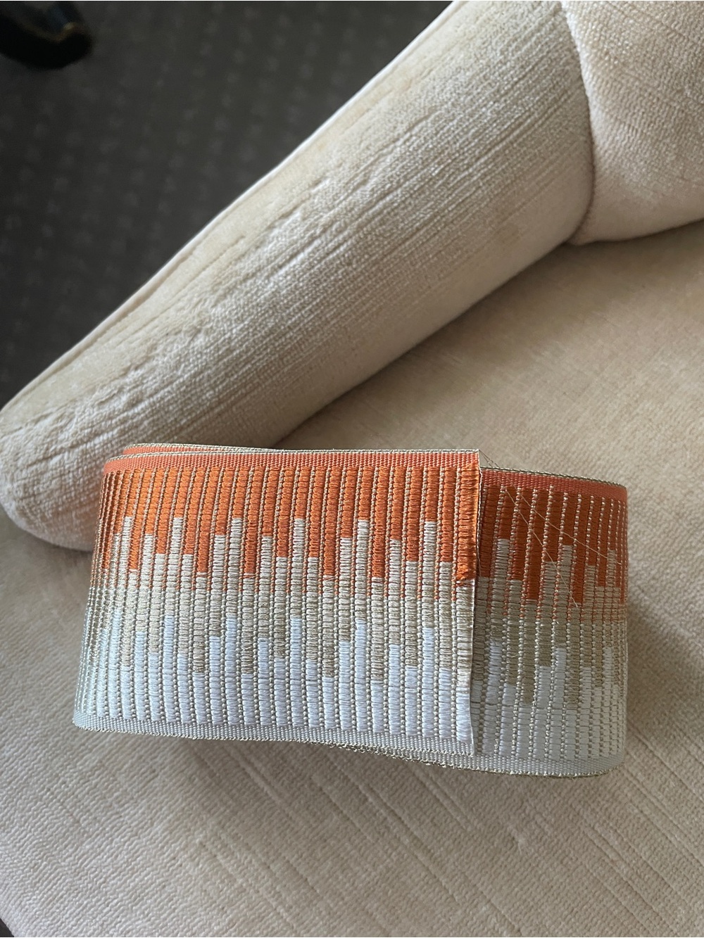 Orange and Cream Woven Ribbon flat trim.
2.5” W 
24”L